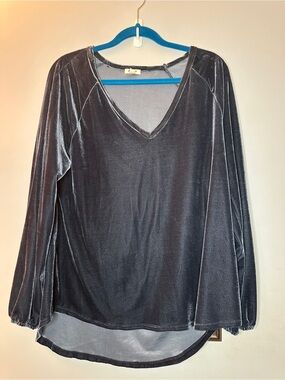 Velvet V-Neck Long Sleeve Top - Blue Gray Dylan